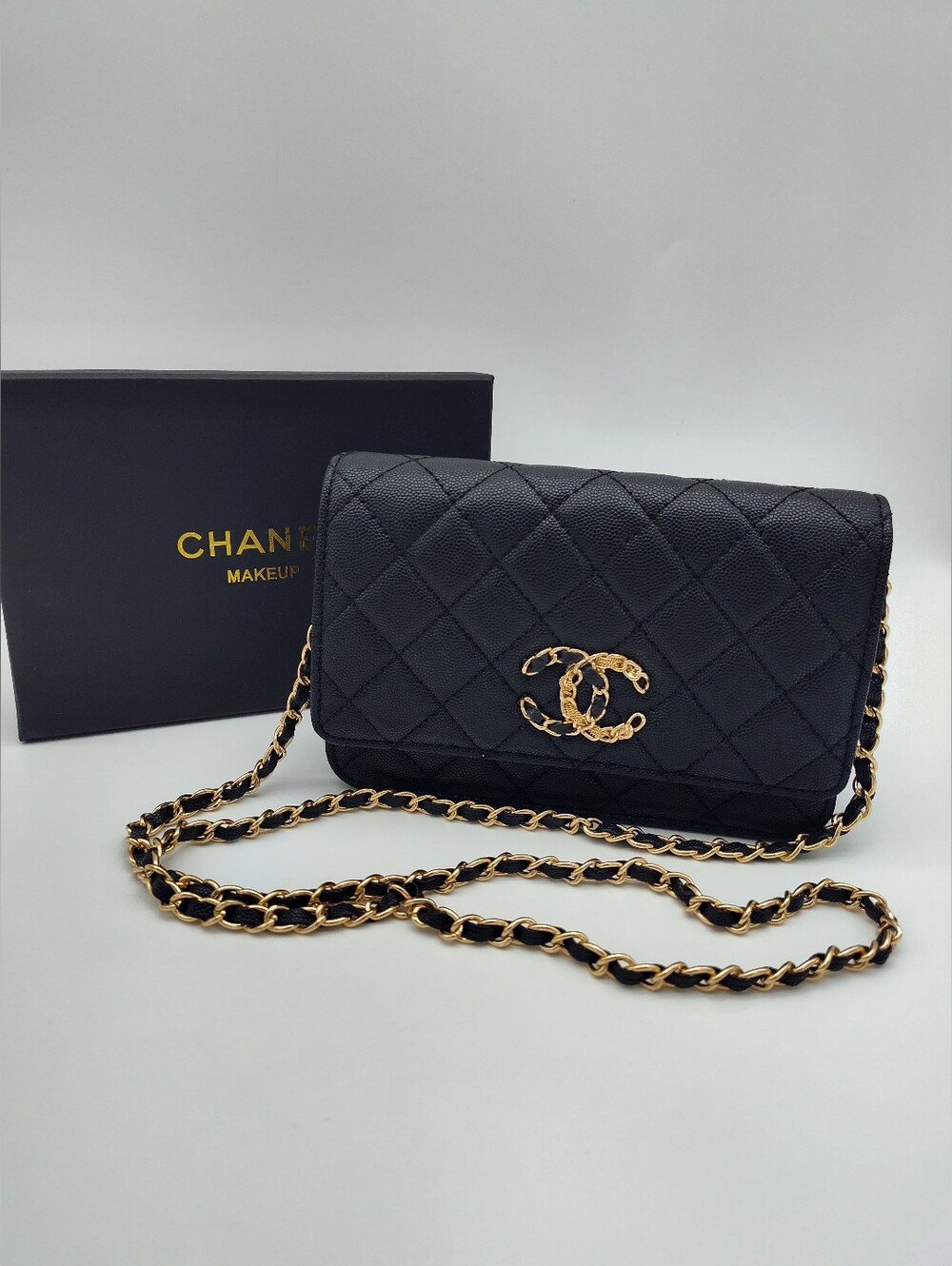CHANEL Makeup Promo VIP Black Quilted Chain Crossbody Wallet Clutch Gold CC NIB